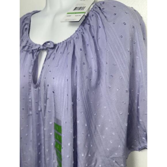 NINE WEST Womens L Tunic Top Swiss Dot S/S Keyhole V Neck Purple Chiffon New - Picture 2 of 8